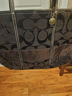 Coach Black Signature Tote with Metallic Trim